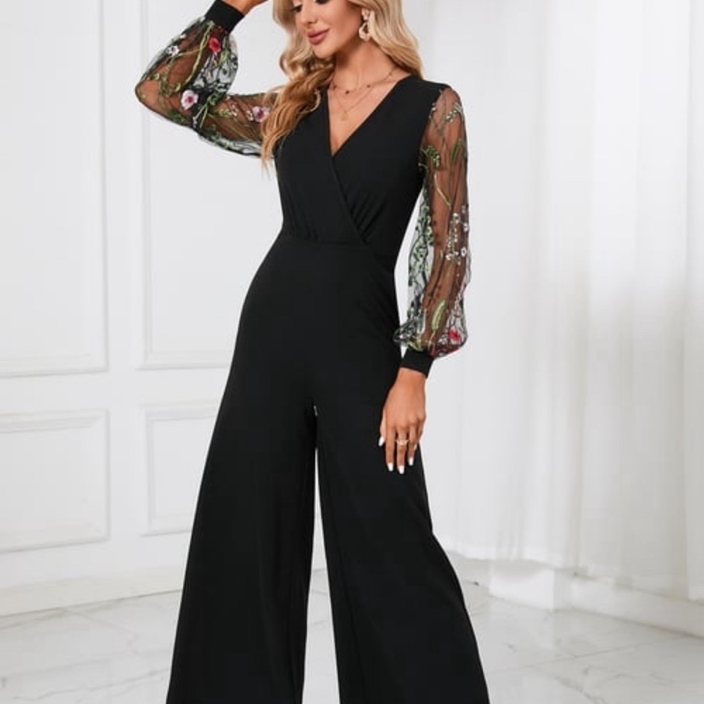 Embroidered V-Neck Elegant Jumpsuit/Pantsuit - Picture 6 of 6